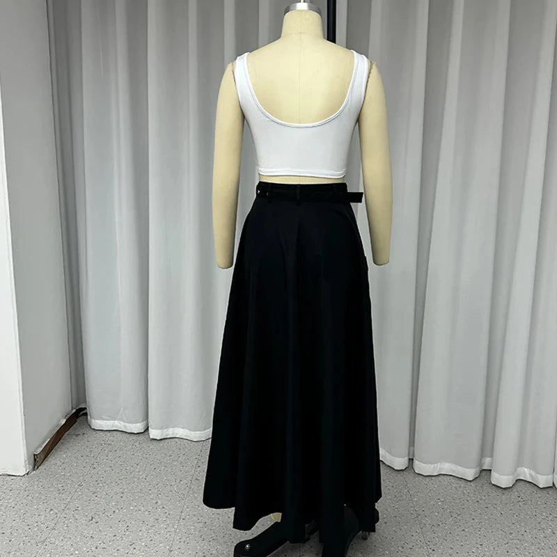 2 Piece Women's Solid Round Neck Sleeveless High Waist Vest Slim Top Loose With Pockets Zipper Long Skirt Matching Outfit Sets - The Clothing Company Sydney