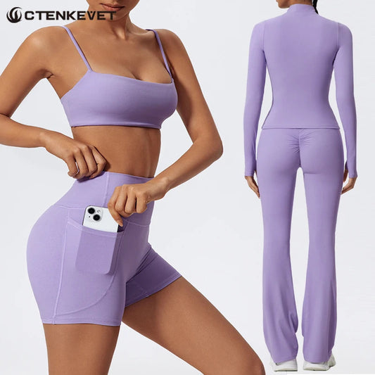 2 Piece Sports Suit Women Half Zipper Long Sleeves Slim Yoga Set Flared Activewear Gym Workout Sportswear The Clothing Company Sydney