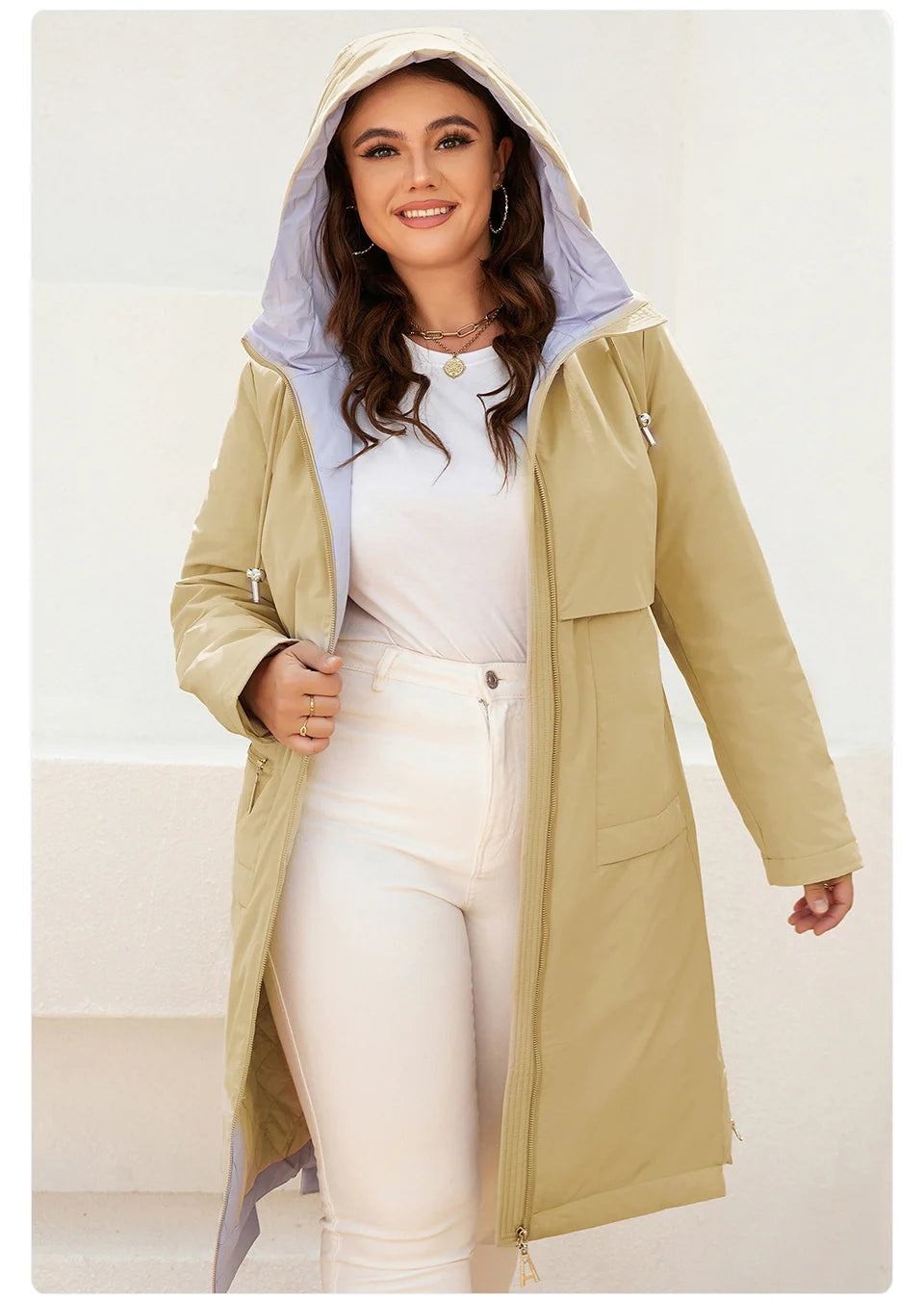 Women's jacket spring zipper long trench hooded outwear parka coat - The Clothing Company Sydney