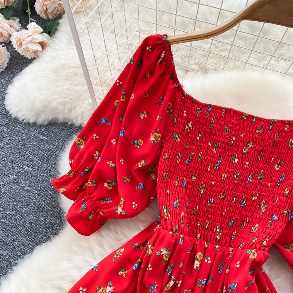 Women's Fashion Romantic Floral Print Split Long Summer Dress Puff Sleeve Party Dress - The Clothing Company Sydney