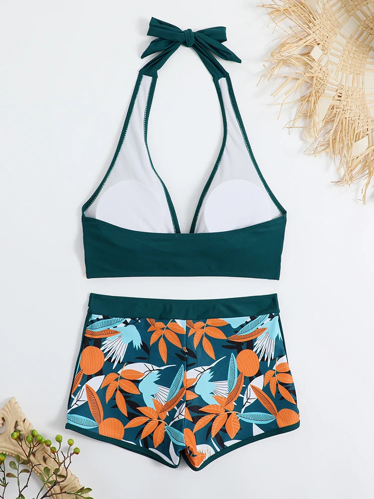 2 Piece Halter Bikini Set Shorts Swimsuit High Waist Swimwear Female Printed Bathers Swimming Bathing Swim Suit Beachwear - The Clothing Company Sydney