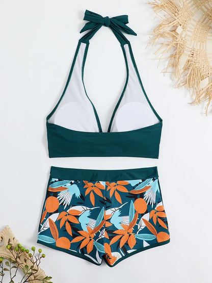 2 Piece Halter Bikini Set Shorts Swimsuit High Waist Swimwear Female Printed Bathers Swimming Bathing Swim Suit Beachwear - The Clothing Company Sydney