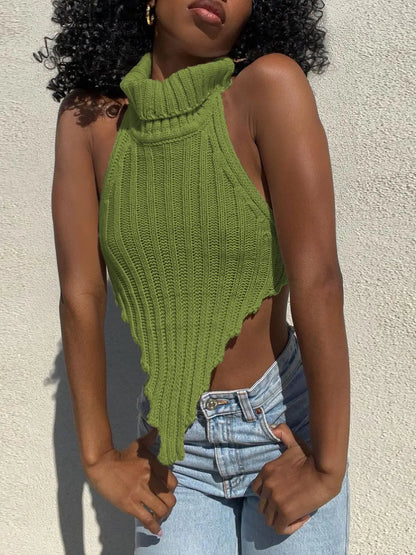 Fashion Knitted Turtleneck Crop Tops for Women Summer Sleeveless Backless Tanks Cropped Party Club Top The Clothing Company Sydney