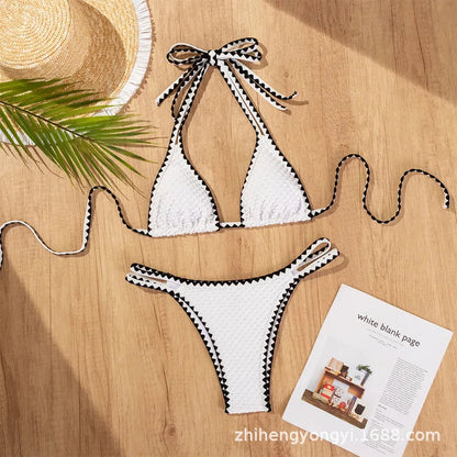 Swimwear White 2 Piece Strapless Swimsuit Bandeau Backless Bikini Set Lace-up Patchwork Bathing Suit The Clothing Company Sydney