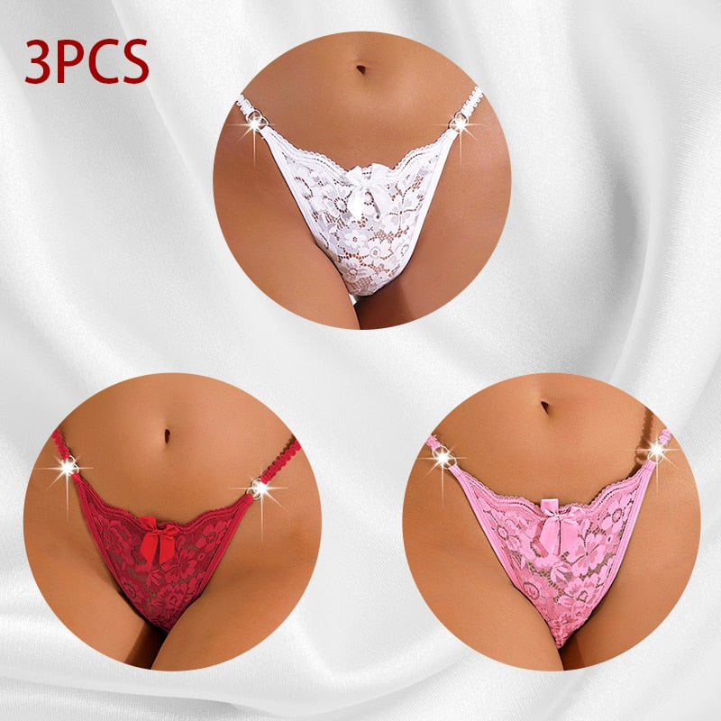 3 Piece Set Women's Lace Panties Perspective Underwear Low Waist Thin Strap Rhinestone Thong G-string Breathable Soft Lingerie The Clothing Company Sydney