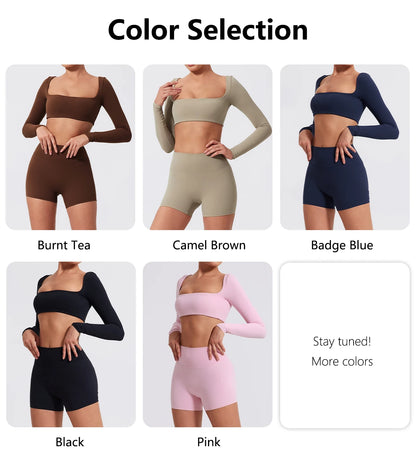 2 Piece Long Sleeve Gym Set Women Yoga Clothes Quick-Drying Sportswear Running Leggings Workout Sports Crop Top Shorts - The Clothing Company Sydney