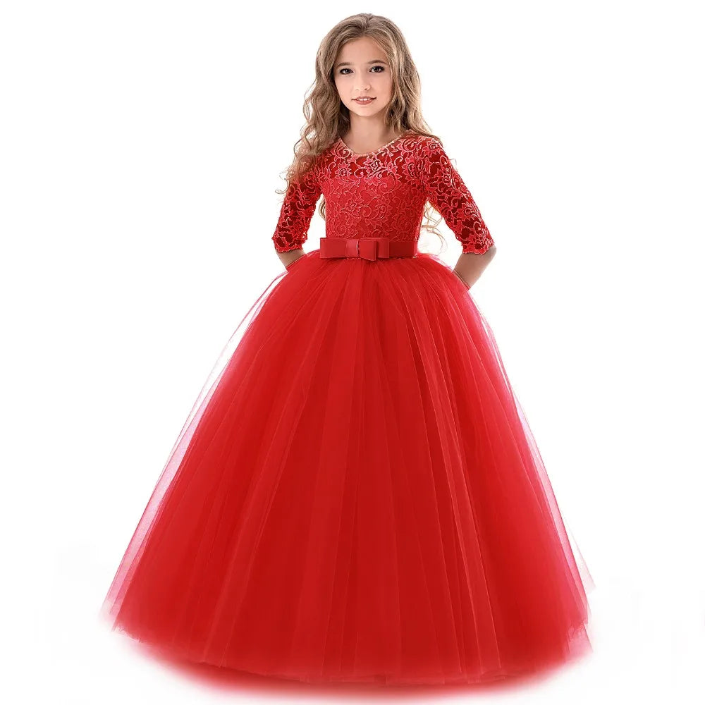 Lace Princess Dress for Girls Long Sleeve Wedding Party Gown Birthday Children Tulle Dress Teenage Formal Long Dress - The Clothing Company Sydney