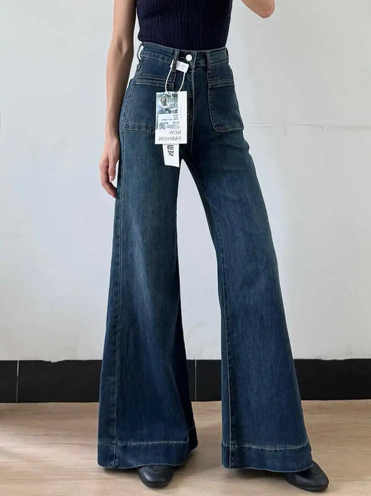 Women's Autumn Retro Micro-flared Solid Color High-waisted Straight Wide Leg Pants Loose Floor-length Jeans The Clothing Company Sydney