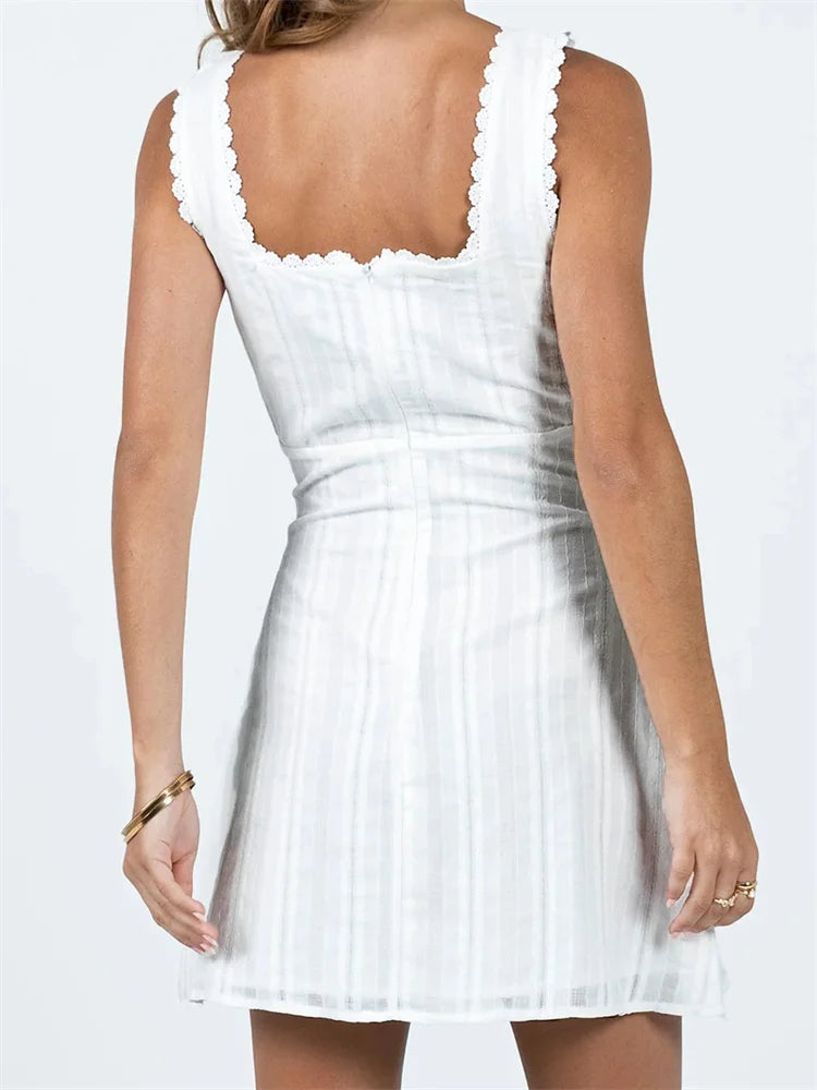 Sleeveless Short Mini Tank Square Neck Lace Trim A-line Dress - The Clothing Company Sydney