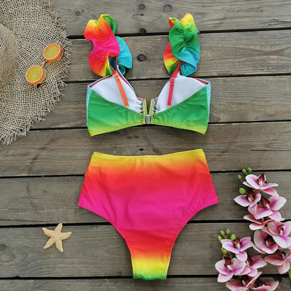 V-Neck High Waist Bikini Sets Shoulder Ruffled Printed Swimsuit Two Piece Swimwear Bathing Suits The Clothing Company Sydney