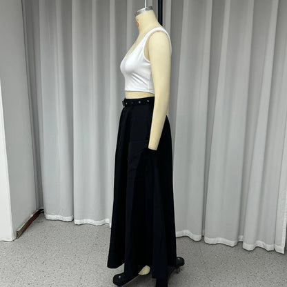 2 Piece Women's Solid Round Neck Sleeveless High Waist Vest Slim Top Loose With Pockets Zipper Long Skirt Matching Outfit Sets - The Clothing Company Sydney