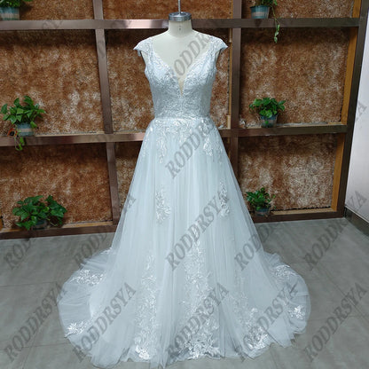 Elegant Wedding Dress For Women V-Neck Cap Sleeve Lace Appliques With Button Sweep Train Custom Made Wedding Dress The Clothing Company Sydney