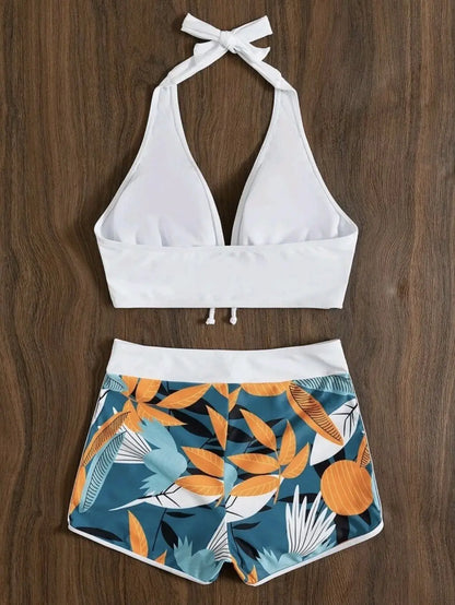 2 Piece Halter Bikini Set Shorts Swimsuit High Waist Swimwear Female Printed Bathers Swimming Bathing Swim Suit Beachwear - The Clothing Company Sydney