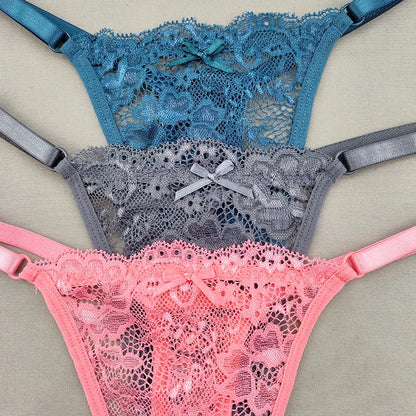 3 Pack Women's Lace Hollow Out Thongs Thin Sheer G-Strings Ultra-low Rise Seamless Panties Perspective Bow Knickers - The Clothing Company Sydney