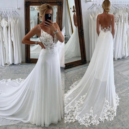 Beach A Line Chiffion Wedding Dresses V-neck Spaghetti Straps Backless Button Boho Bridal Gowns - The Clothing Company Sydney
