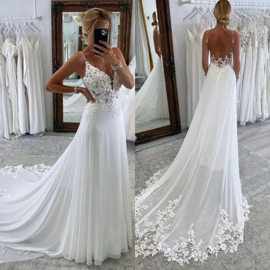 Beach A Line Chiffion Wedding Dresses V-neck Spaghetti Straps Backless Button Boho Bridal Gowns - The Clothing Company Sydney