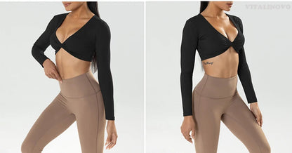 Long Sleeve Gym Crop Tops for Women Twist Deep V Workout Crop T Shirt Top Quick Dry Padded Sports Fitness Yoga Top The Clothing Company Sydney