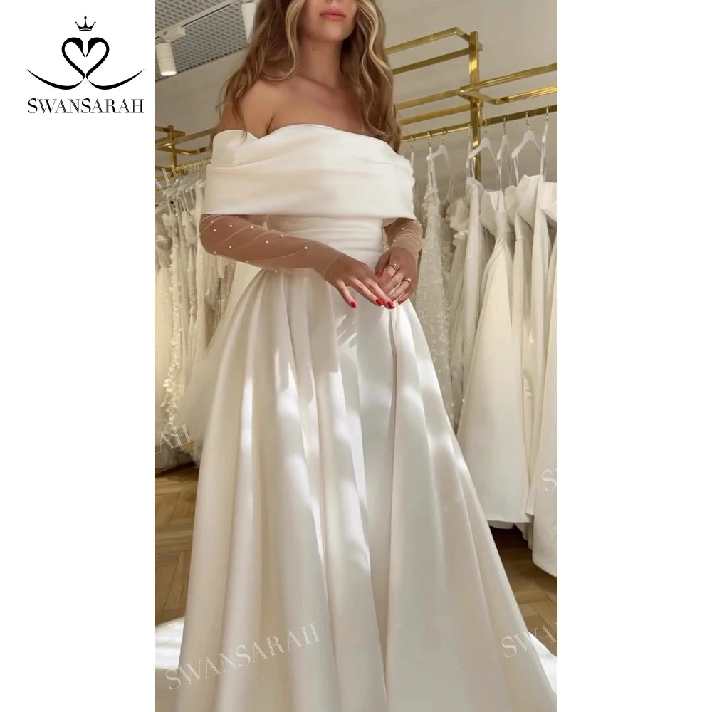Off the Shoulder A-Line Wedding Dress Long Sleeve Pearl Princess Bride Gown Dress The Clothing Company Sydney