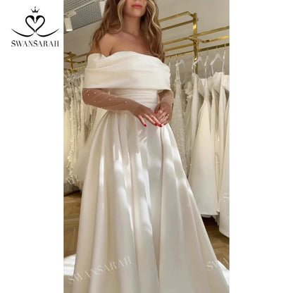Off the Shoulder A-Line Wedding Dress Long Sleeve Pearl Princess Bride Gown Dress The Clothing Company Sydney