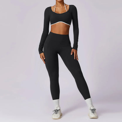 2 Piece Womens Tracksuit Yoga Set Workout Sportswear Gym Clothing Fitness Long Sleeve Crop Top High Waist Leggings Sports Suits - The Clothing Company Sydney