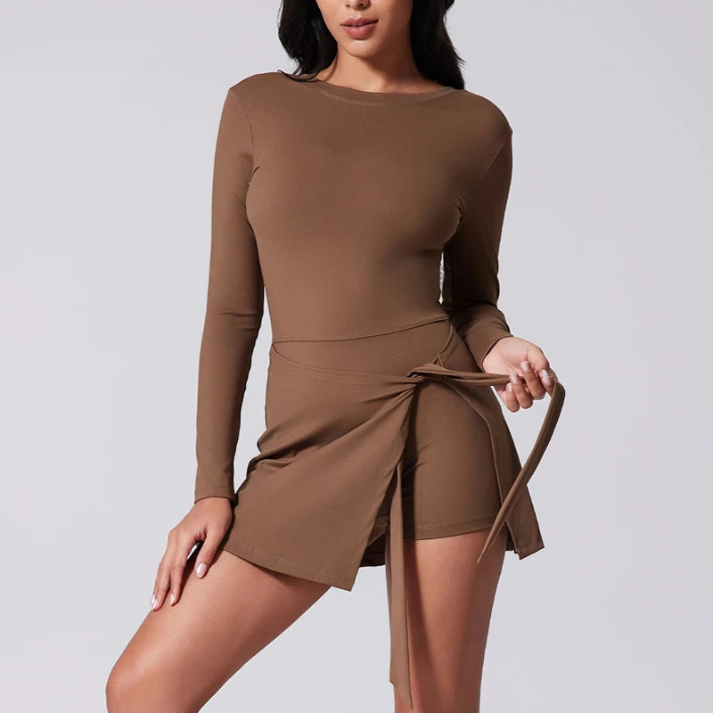Womens High Neck Tennis Dress Long Sleeve Sarong Wrap Skirt Built in Shorts Golf Athletic Dress - The Clothing Company Sydney