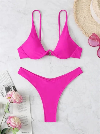 2 Piece Underwire Bikini Women Solid Red Push Up Bra Thong Swimsuit Haler V Neck Bathing Suit Mini Micro Thong Swimwear The Clothing Company Sydney