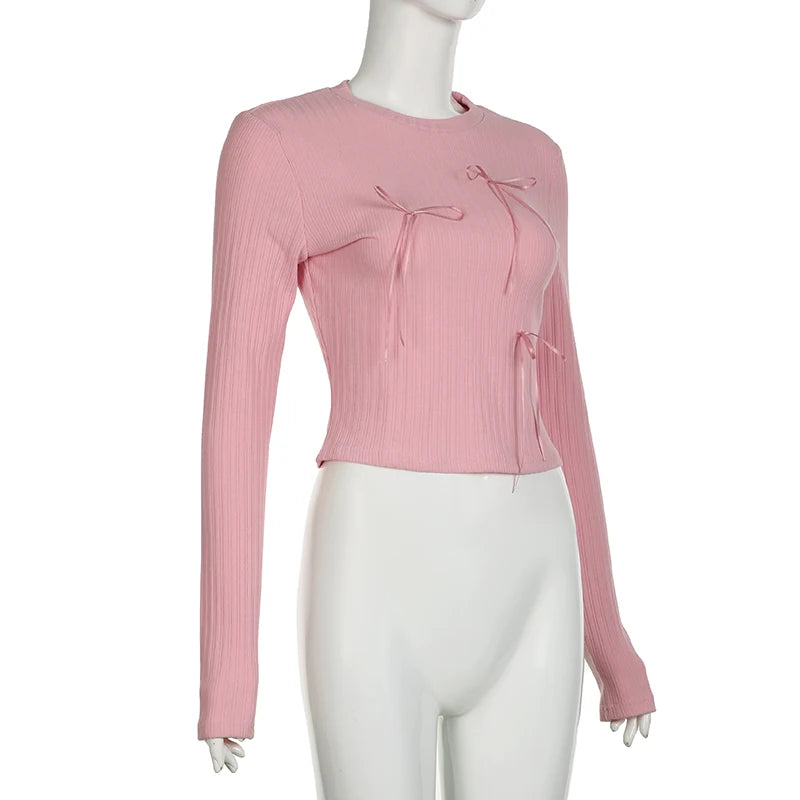 Sweet Bow Knit Spring Top Long Sleeve Pink Bow Women's T Shirts Clothes Basic Outfits - The Clothing Company Sydney