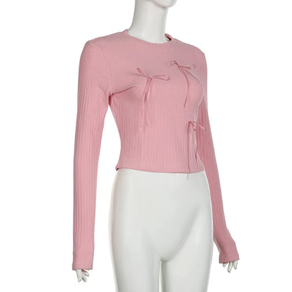 Sweet Bow Knit Spring Top Long Sleeve Pink Bow Women's T Shirts Clothes Basic Outfits - The Clothing Company Sydney
