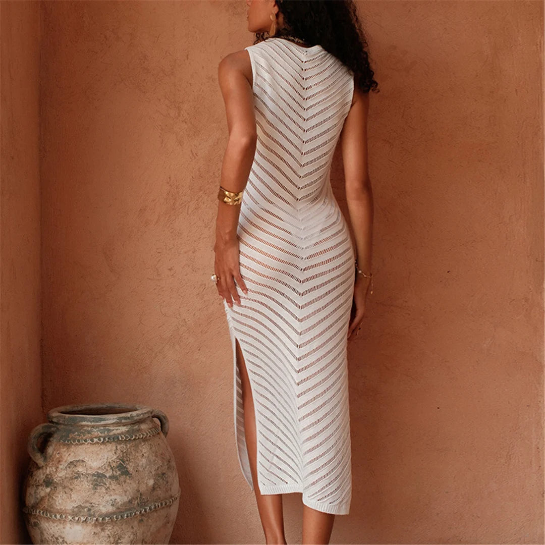 Hollow Out Sleeveless Crochet Knitted Tunic Beach Cover Up Cover-ups Mini Beach Dress Beach Wear Beachwear Female Women V6745 The Clothing Company Sydney