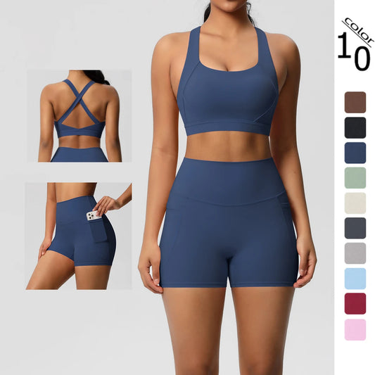 2 Piece Sportswear Pocketed Yoga Set Gym Clothes Yoga Suits Womens Sports Shorts Crossover Bra Gym Leggings Bike Shorts Set The Clothing Company Sydney