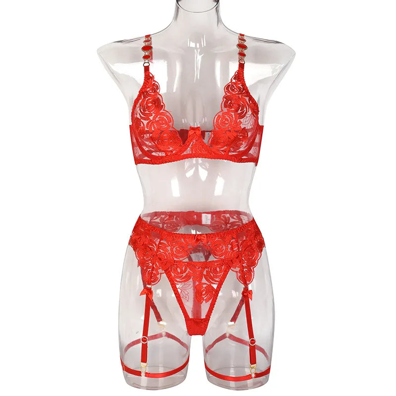 3 Piece Lingerie Luxury Jewel Shoulder Strap Underwear Garter Lace IntimateLingerie Set - The Clothing Company Sydney