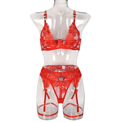 3 Piece Lingerie Luxury Jewel Shoulder Strap Underwear Garter Lace IntimateLingerie Set - The Clothing Company Sydney