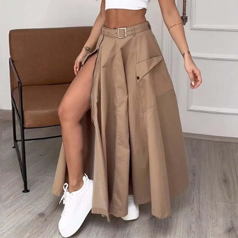 2 Piece Women's Solid Round Neck Sleeveless High Waist Vest Slim Top Loose With Pockets Zipper Long Skirt Matching Outfit Sets - The Clothing Company Sydney