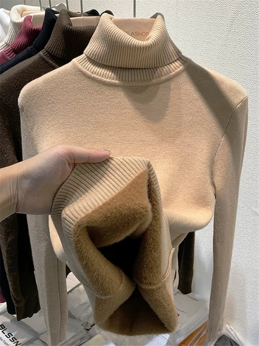 Ladies Turtleneck Winter Sweater Women Elegant Thick Velvet Lined Warm Knitted Pullover Slim Tops Jersey Knitwear Jumper The Clothing Company Sydney