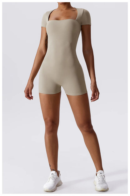 Short Sleeve One Piece Yoga Suit Women's Gym Workout Tracksuit Sports Fitness Exercise Yoga Bodysuit Shorts - The Clothing Company Sydney