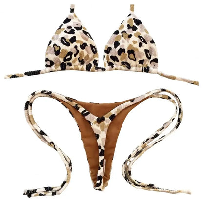 Two Piece Bikini Set Leopard Print Halter Bikini Set Cherry Print Thong Swimsuit High Waist Lace-up Bathing Suit - The Clothing Company Sydney
