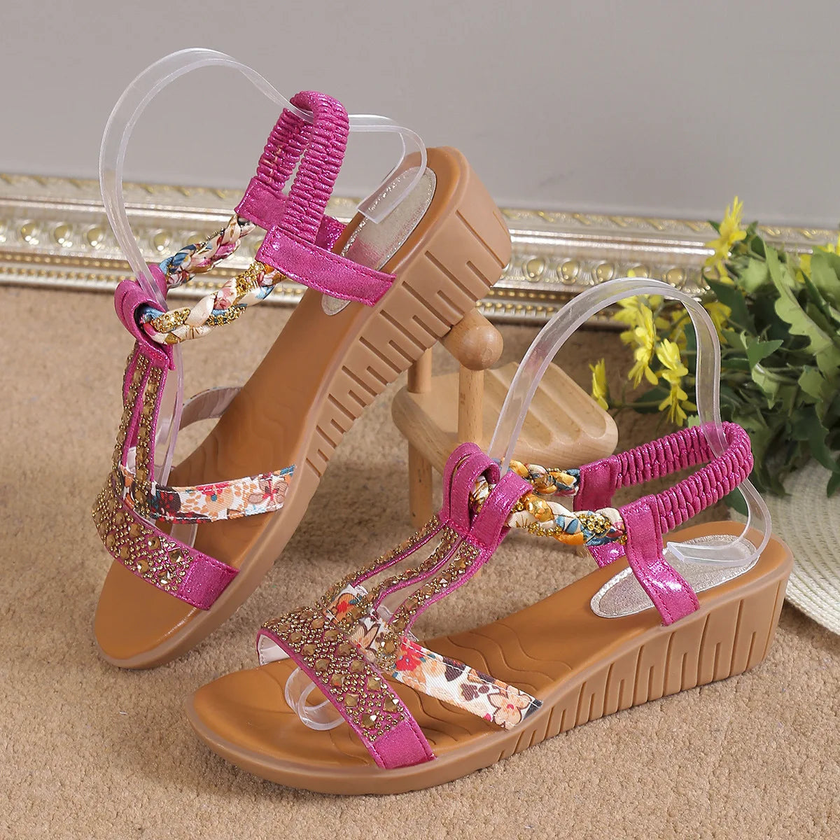 Summer Women's Wedge Shiny Rhinestones Elastic Platform Peep Toe Outdoor Sandals - The Clothing Company Sydney