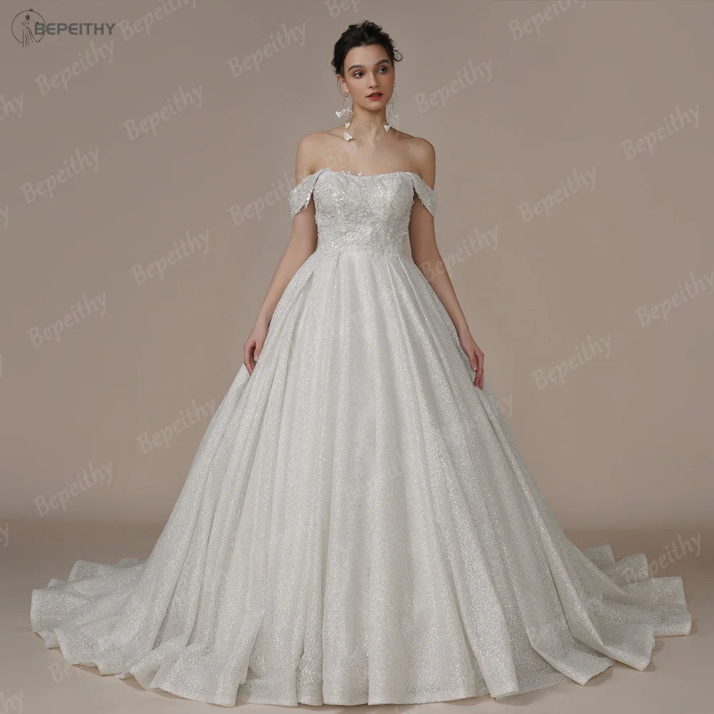 Customized Luxury Strapless A Line Glitter Wedding Dresses Off The Shoulder Women Ivory Bling-Bling Bride Bridal Gown The Clothing Company Sydney