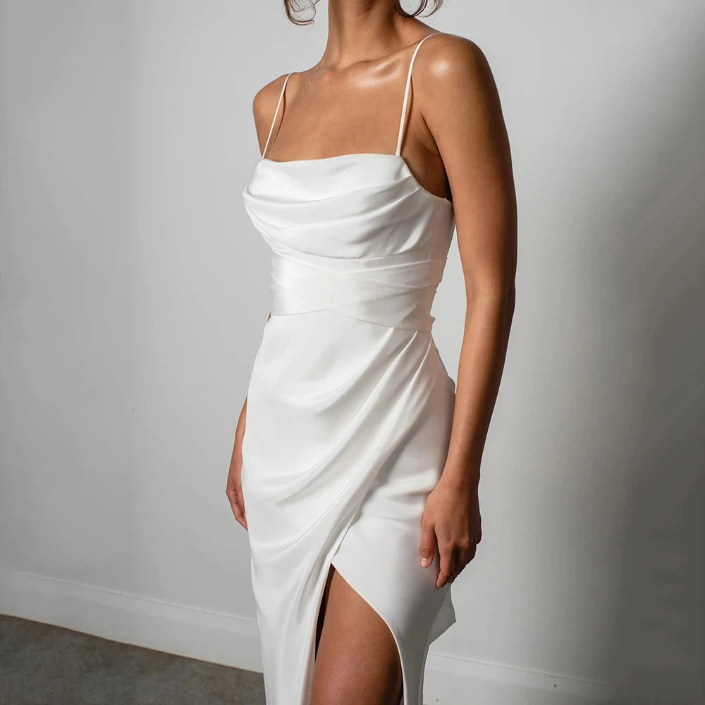 Customized Simple Mermaid White Spaghetti Straps High Slit Satin Backless Plain Bridal Gown Sweep Train Wedding Dress The Clothing Company Sydney