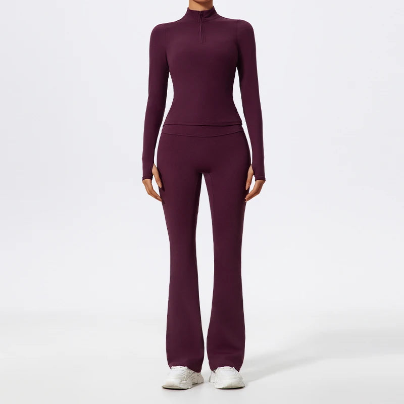 2 Piece Sports Suit Women Half Zipper Long Sleeves Slim Yoga Set Flared Activewear Gym Workout Sportswear The Clothing Company Sydney