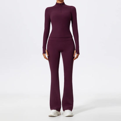 2 Piece Sports Suit Women Half Zipper Long Sleeves Slim Yoga Set Flared Activewear Gym Workout Sportswear The Clothing Company Sydney
