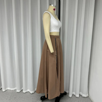 2 Piece Women's Solid Round Neck Sleeveless High Waist Vest Slim Top Loose With Pockets Zipper Long Skirt Matching Outfit Sets - The Clothing Company Sydney