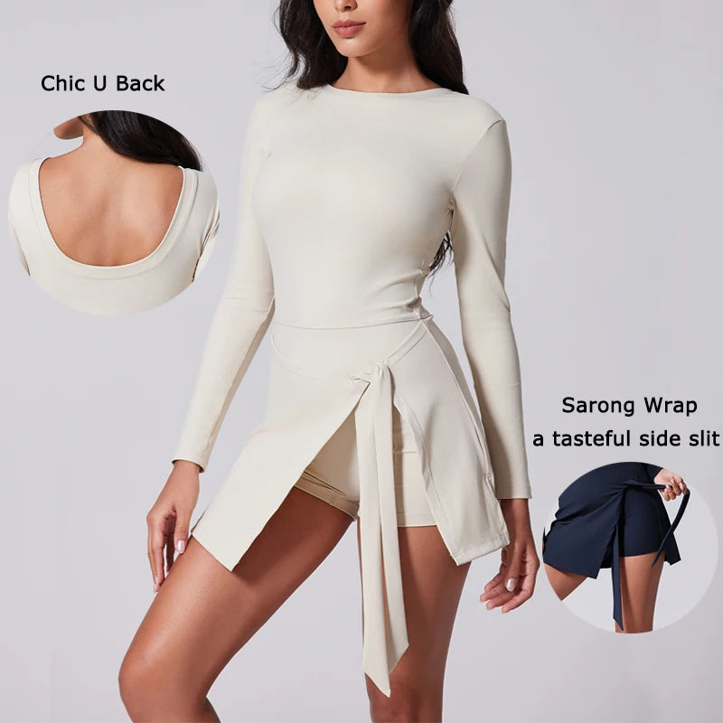 Womens High Neck Tennis Dress Long Sleeve Sarong Wrap Skirt Built in Shorts Golf Athletic Dress - The Clothing Company Sydney
