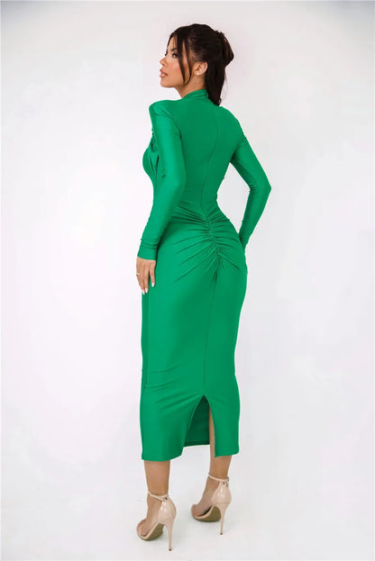 Hollow Out Long Sleeve Maxi Dress Gown Autumn Winter New Metal Buckle Ruched Slit Long Elegant Dress - The Clothing Company Sydney