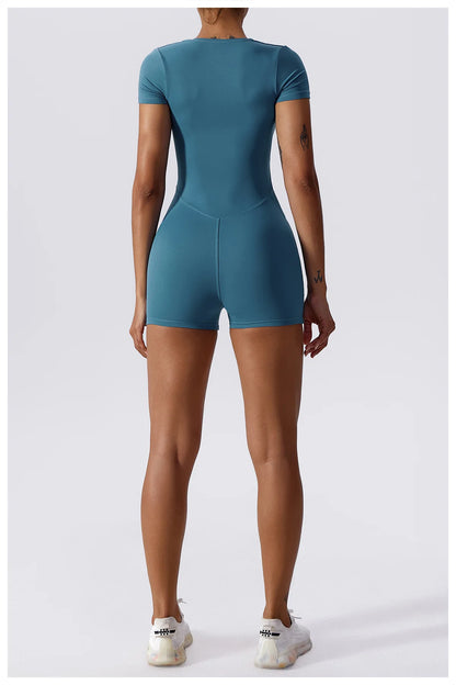 Short Sleeve One Piece Yoga Suit Women's Gym Workout Tracksuit Sports Fitness Exercise Yoga Bodysuit Shorts - The Clothing Company Sydney
