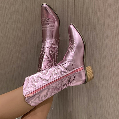 Gold Mid-calf Boots Women's Side Zipper Silver Pointed Western Cowboy Boots Retro Fashion Black Boots Plus Size Boots The Clothing Company Sydney