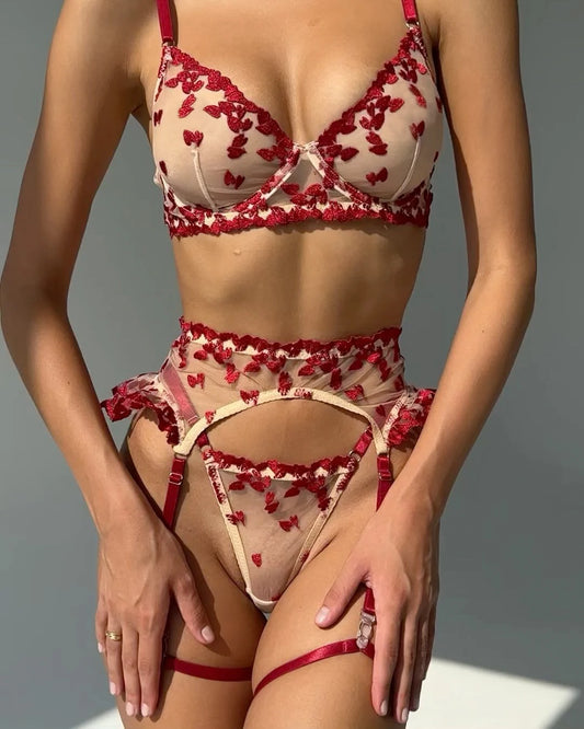 4 Piece Lingerie Sheer Lace Embroidery Underwear Ruffle Intimate Outfits Lingerie Set - The Clothing Company Sydney