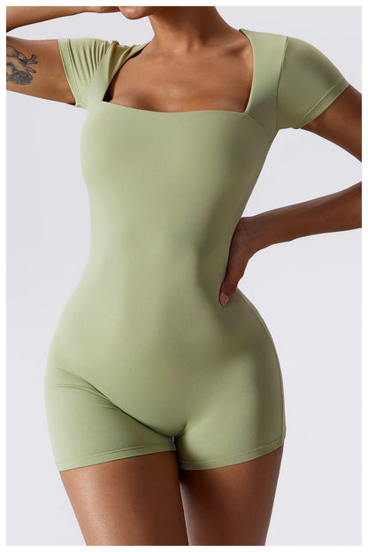 Short Sleeve One Piece Yoga Suit Women's Gym Workout Tracksuit Sports Fitness Exercise Yoga Bodysuit Shorts - The Clothing Company Sydney