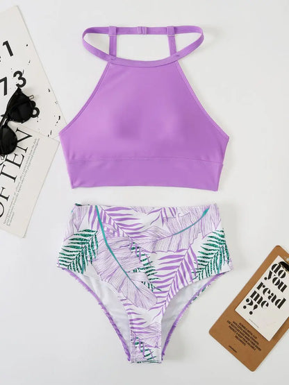 Light Purple High Waist Bikini High Neck Swimsuit Female Two Piece Swimwear Women Print Beach Wear Bathing Suit - The Clothing Company Sydney