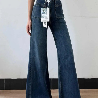 Women's Autumn Retro Micro-flared Solid Color High-waisted Straight Wide Leg Pants Loose Floor-length Jeans The Clothing Company Sydney